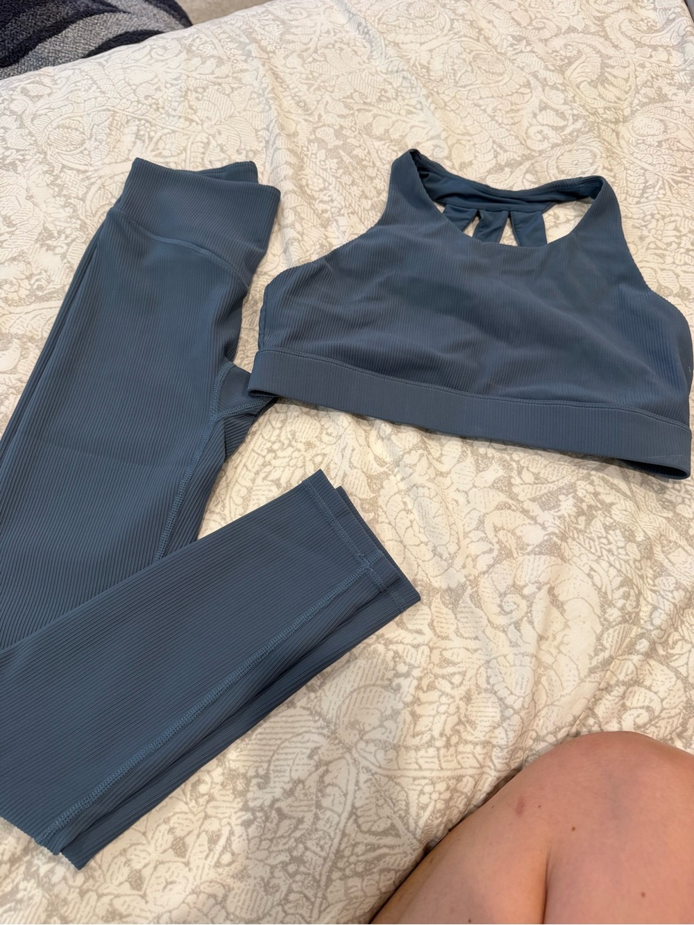 Kiava Ribbed Slate Blue Active Set - High Neck Sports Bra + Leggings